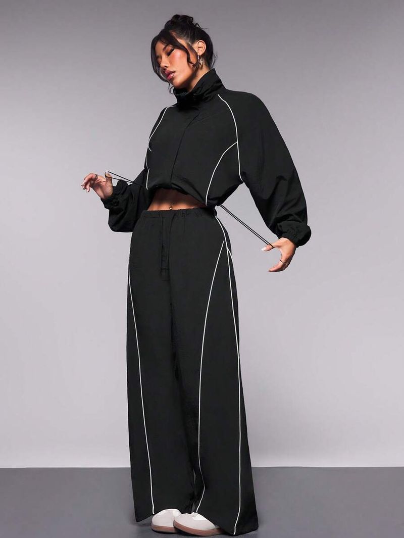 Trendy Contrast-Trim Women's Zip-Up Jacket & Jogger Pants Set – Streetwear Activewear (S-XL) | Lightweight Polyester For Summer_voghion.com