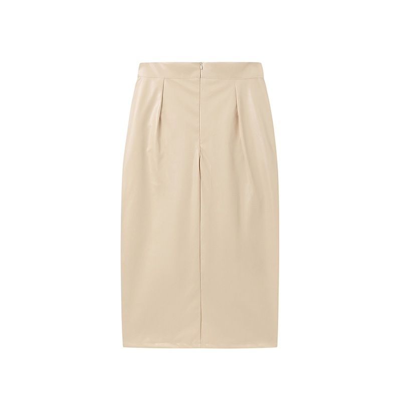 Gonna a tubino in similpelle a vita alta da donna - Gonna midi aderente con spacco frontale (nero/marrone/beige, S/M/L/XL/2XL)_voghion.com