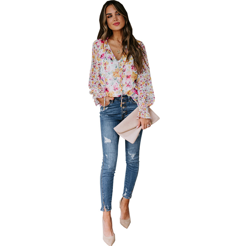 Damenbekleidung Chiffon Cardigan Frühling und Sommer Lose Blumenmuster Mode Laterne Ärmel Tops Frauen_voghion.com