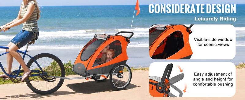 VEVOR Bike Trailer For Toddlers, Kids, Double Seat, 100 Lbs Load, 2-In-1 Canopy Carrier Converts To Stroller, Tow Behind Foldable Child Bicycle Trailer With Universal Bicycle Coupler, Orange And Gray_voghion.com