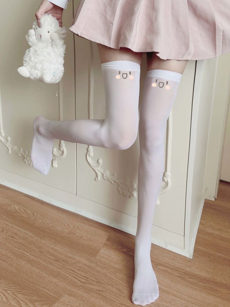 Cute Printed Adorable Girl Subculture Over-the-Knee JK Text Stockings Spring Summer Long Thin Black Silk_voghion.com