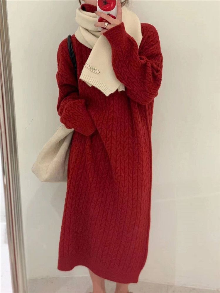 Maglione lungo sopra il ginocchio alla moda, stile coreano, con collo alto e trecce, per donna_voghion.com