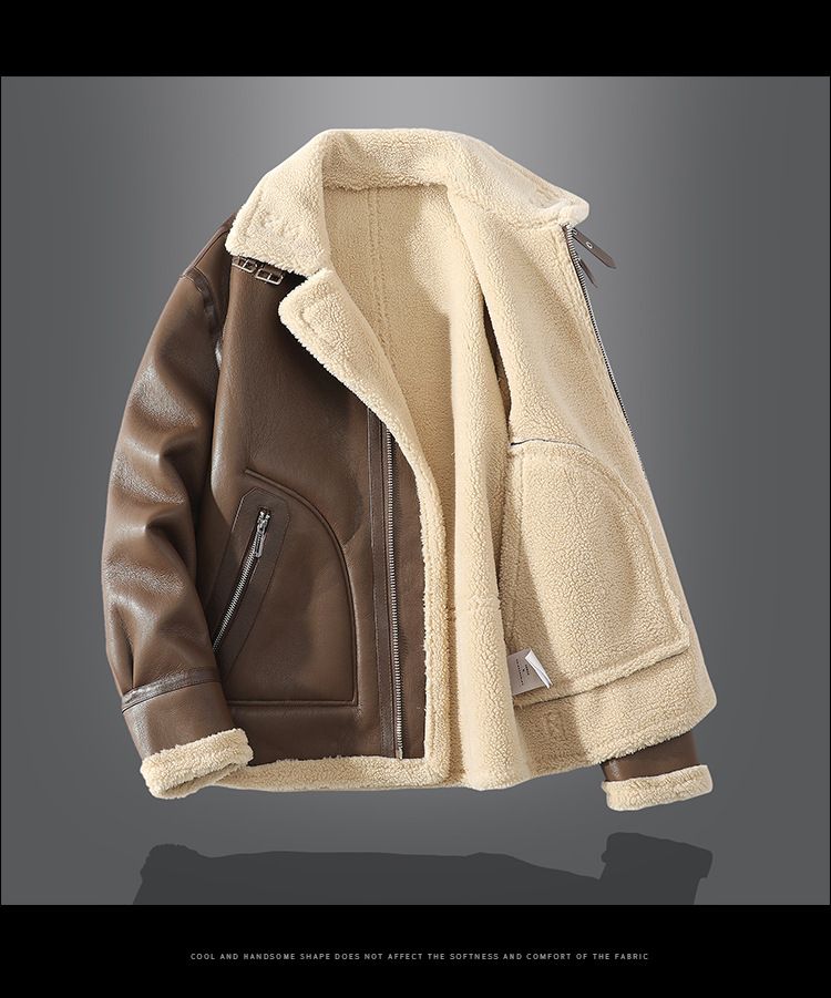 Men's Slim Fit Faux Shearling Jacket, Winter Lined Notch Lapel Coat With Zip Closure, Warm Polyester Blend Outerwear In Black/Brown (Sizes L-4XL)_voghion.com