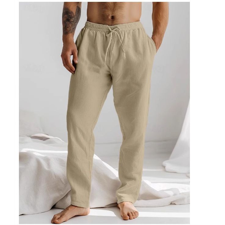 Autumn Winter Men Pants Pulling Elastic Waist Plaid Breathable Beach Fashion Simple Trousers_voghion.com