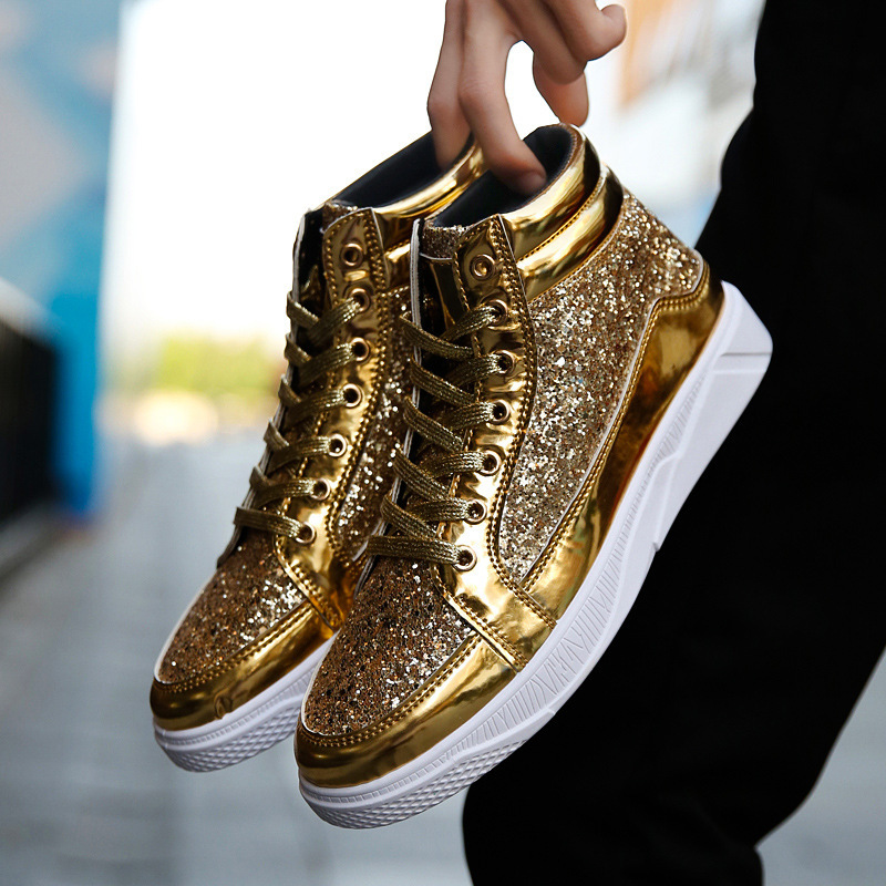 Large Size Leather Glossy Personality Martin Men's Casual Sneakers High-top Stage Gold Boots_voghion.com