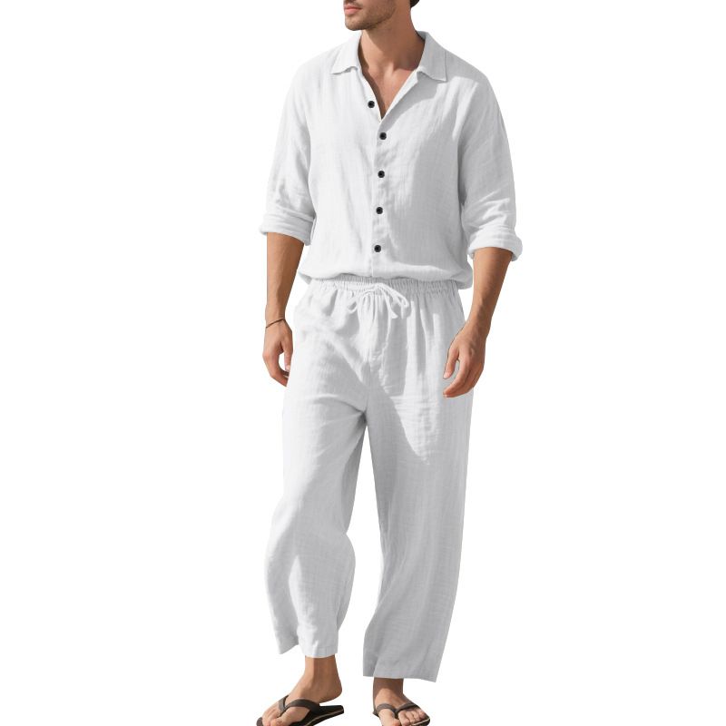 Completo da uomo in stile americano, casual, casual, da spiaggia, con protezione solare, a maniche lunghe e pantaloni, in lino, quattro stagioni_voghion.com
