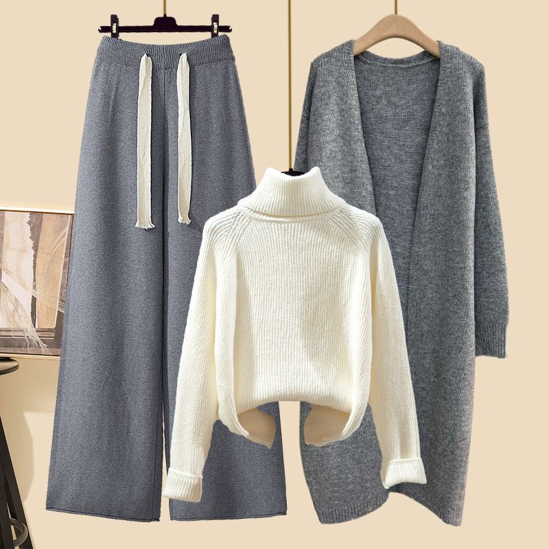 Damen Kleeder Hierscht Kostüm fir Fraen nei Mëtt Längt Cardigan Jacket mat héich Hals Pullover schlank breet Been Hosen Dräi Stéck Kostüm_voghion.com