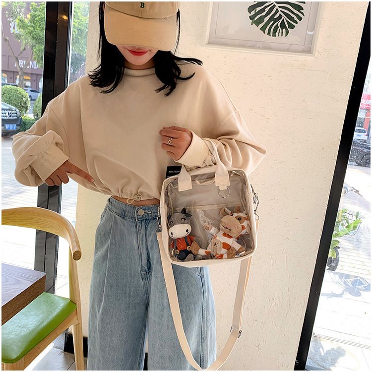 Japanese Style Cute Women's Bag Two-dimensional Doll Transparent Pain Large Capacity Canvas Bag 2021 New Girl Heart Crossbody Bag_voghion.com