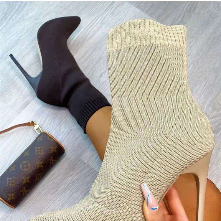 2021 Autumn New Knitted Stretch Pointed Toe Mid-Calf Ankle Plus Size Stiletto Super High Heel Sock Boots_voghion.com