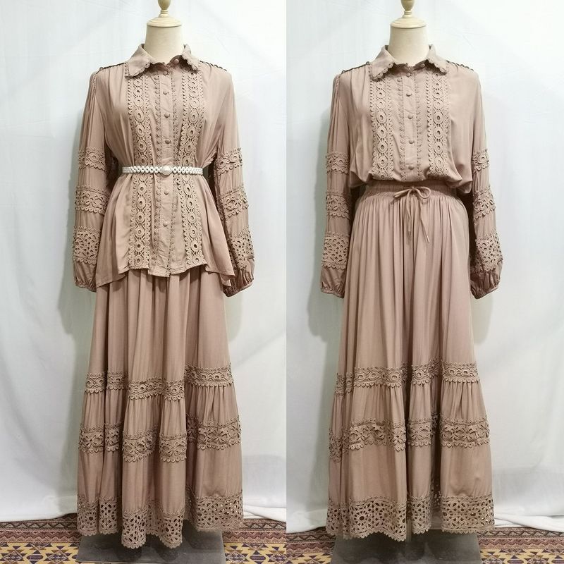 Women's Clothing Lace Applique Shirt + Loose Skirt Long Skirt Two Piece Suit_voghion.com