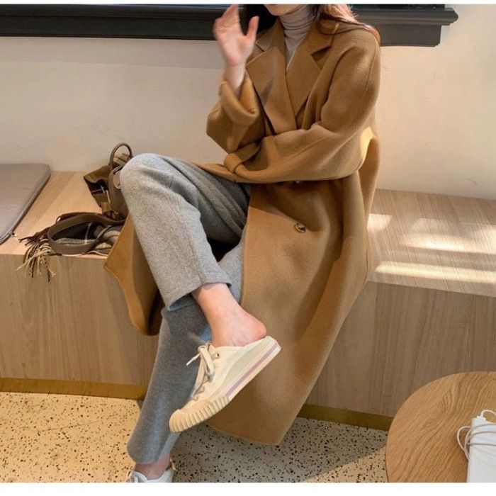 Grauer zierlicher Wollmantel im koreanischen Stil für Damen, Herbst und Winter 2024, neues Design, mittellanger, verdickter Mantel_voghion.com