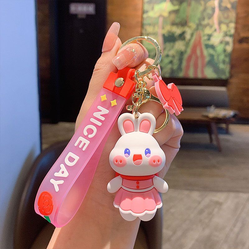 Portachiavi creativo e carino a forma di coniglietto con fiore, per donne, stile cartone animato, squisita coppia, decorazione per auto e zaino, piccolo regalo._voghion.com