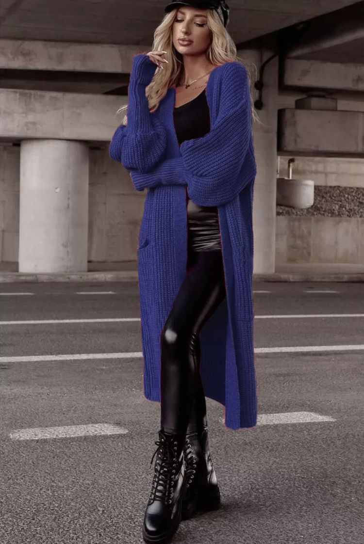 Women's Clothing Long Sleeve Batwing Pocket Cardigan Sweater - Oversized V-Neck Open Front Knit Coat In Soft Acrylic, Elegant Longline Design_voghion.com