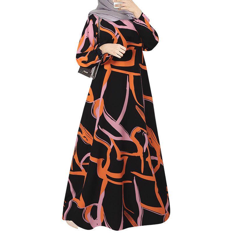Abbigliamento da donna Abito musulmano malese mediorientale Abito a maniche lunghe con scollo rotondo Gonna lunga_voghion.com