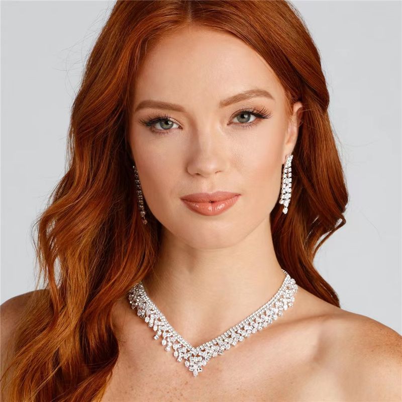 Bridal rhinestone crystal necklace earring set, women's dance dress accessories_voghion.com