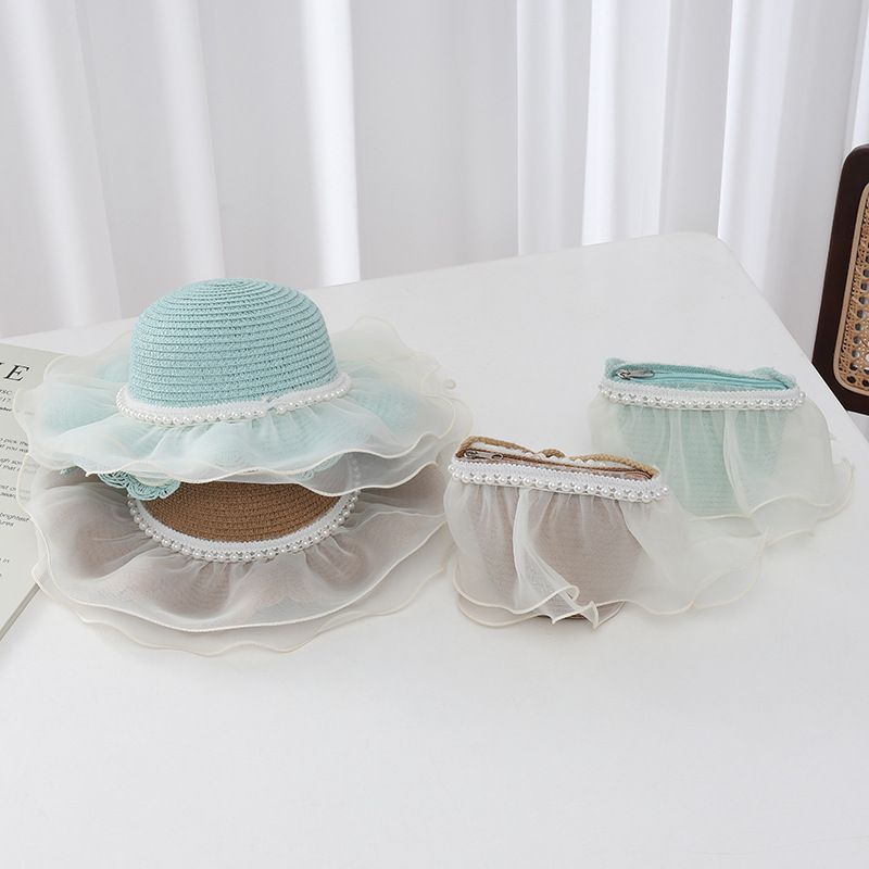 Piccolo set di cappelli e borse da spiaggia con ombrellone e parasole in paglia per bambini, con bordo ondulato fresco, estate, genitori e bambini_voghion.com