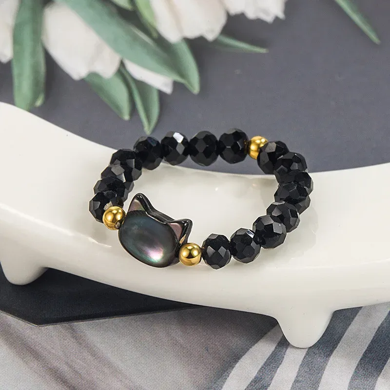Bague minimaliste en obsidienne naturelle avec pierre de lune et chat noir et blanc, accessoire de fête pour femme_voghion.com