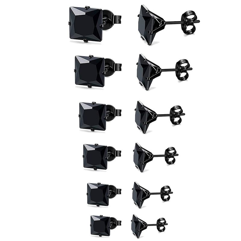 Orecchini in acciaio inossidabile nero - Orecchini a lobo rotondi a 6 griffe e quadrati a 4 griffe con diamanti, pallina rotonda e ciondolo a forma di torta_voghion.com