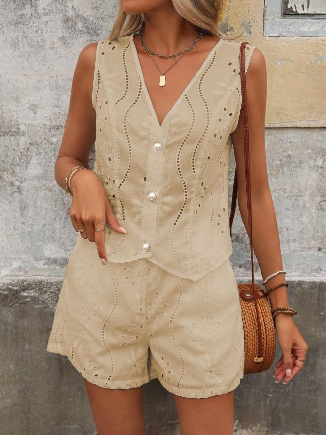 Ropa de mujer, color sólido, informal, cuello en V, chaleco, botones, pantalones cortos, traje para mujer_voghion.com