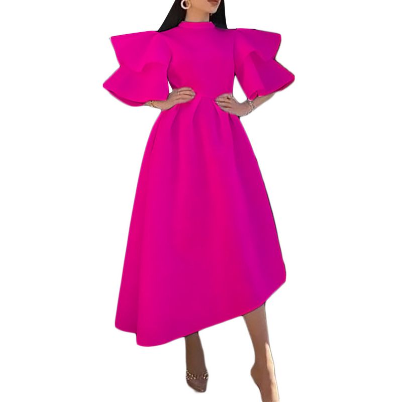Imbracaminte dama vara noua strat dublu frunze de lotus maneca culoare solida rochie neregulata fusta rochie_voghion.com