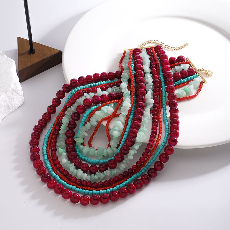 Collar de grava con cuentas de arroz hecho a mano de múltiples capas de moda con personalidad turquesa apilada, joyería para mujer_voghion.com