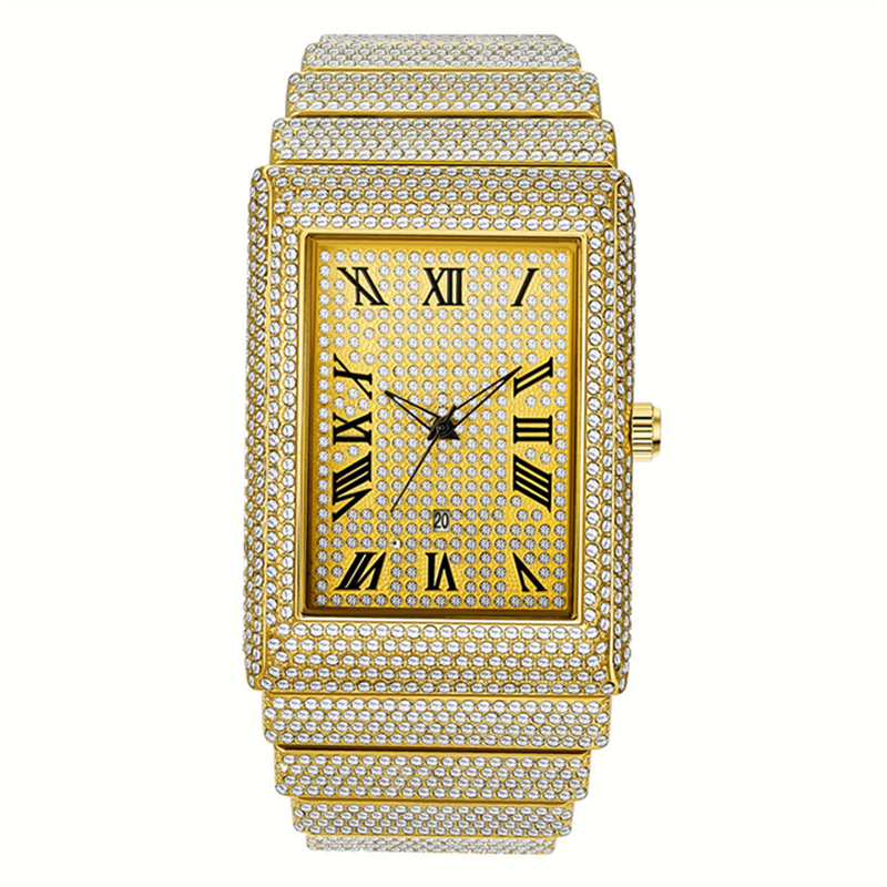 Men's Luxury Rhinestone Watch - Hip Hop Square Dial With Diamond Accents, Gold Tone Stainless Steel Band, Date Display, Quartz Movement_voghion.com