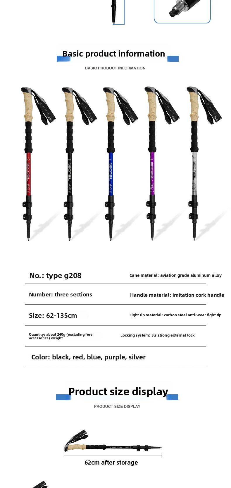 Bastón telescópico de trekking de aleación de aluminio 6061 con mango tipo corcho EVA y tres secciones con bloqueo externo._voghion.com