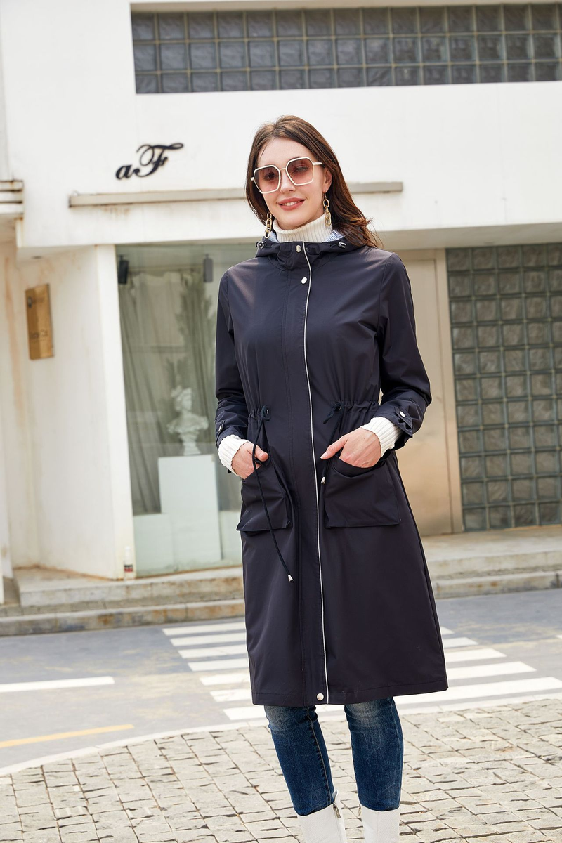 Trench casual da donna K Long con cappuccio, impermeabile, tinta unita con fodera a righe, cappotto dritto._voghion.com