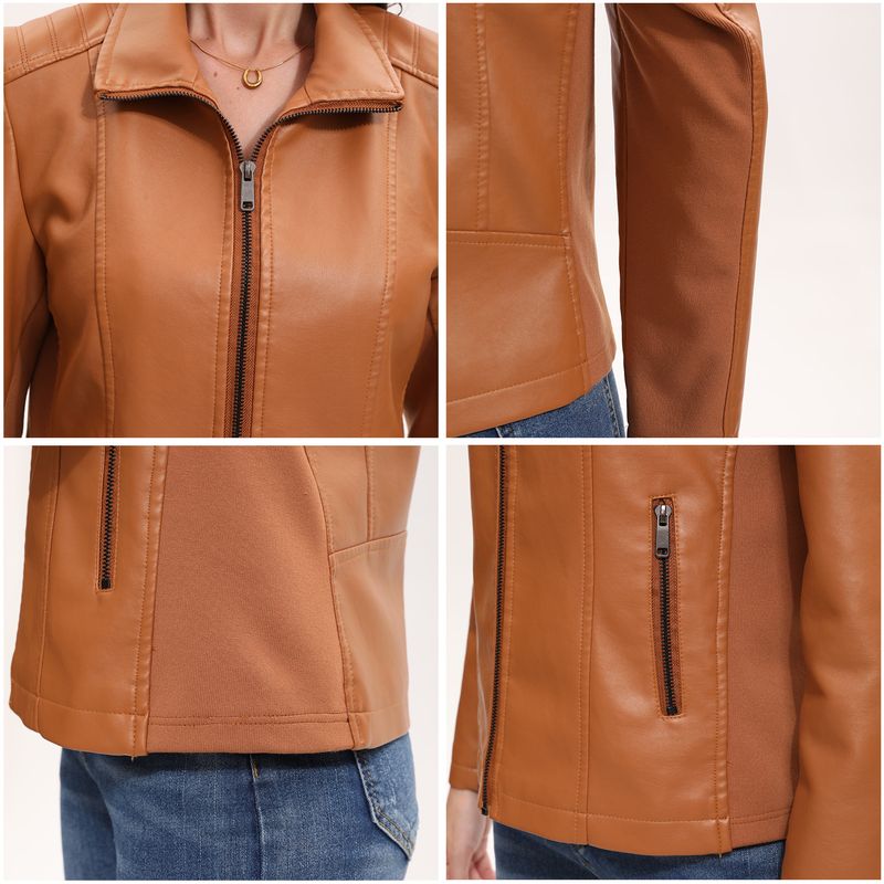 Damenbekleidung Kunstlederjacke mit Strickeinsätzen – Dehnbare kurze Bikerjacke in Schwarz, Camel & Braun | S-XXL_voghion.com