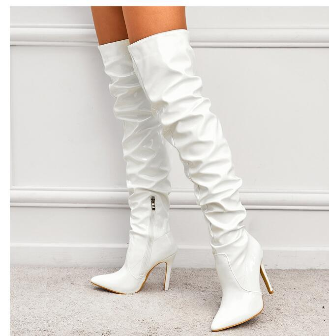 Autumn New Elastic Over-The-Knee Pointed Toe Patent Leather Tube Black Zipper Stiletto High Heel Women's Boots_voghion.com