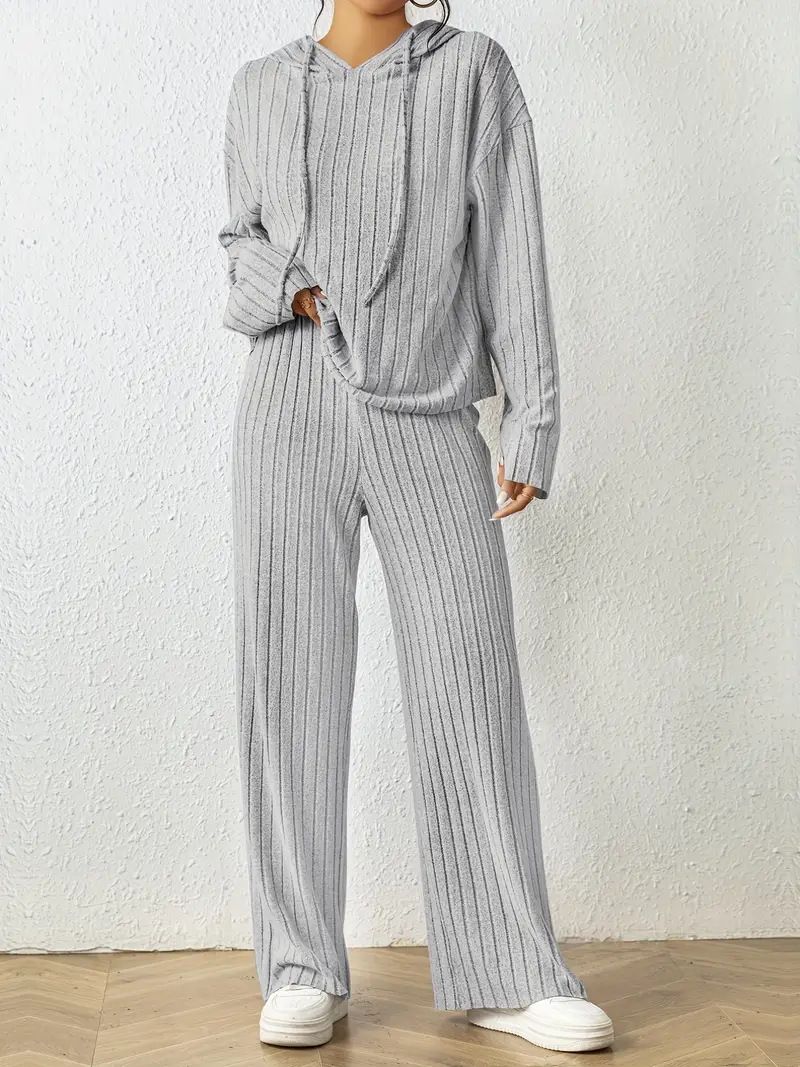 Ensemble élégant deux pièces à capuche et pantalon large pour femme, couleur unie, automne 2024_voghion.com