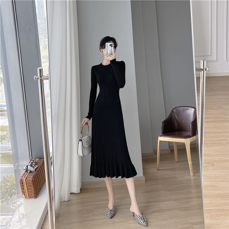 Abito in maglia a coda di pesce K da donna sopra il ginocchio, lunghezza midi, strato base aderente invernale con cappotto._voghion.com
