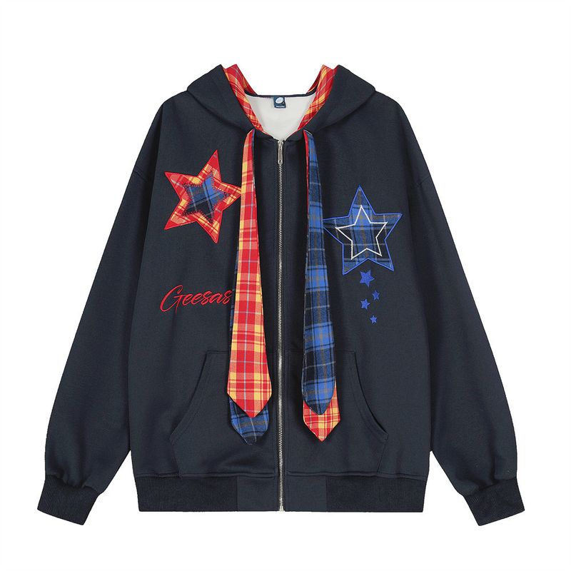Felpa con cappuccio, cardigan con cappuccio, ricamo a stella a cinque punte, stile trendy, con lacci, da uomo_voghion.com