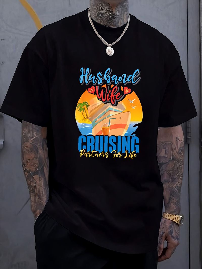 Szczęśliwy mąż i żona, partnerzy rejsowi na całe życie, koszulka męska, Streetwear, wygodne ubrania od projektantów, uniwersalna, oddychająca, rozciągliwa_voghion.com