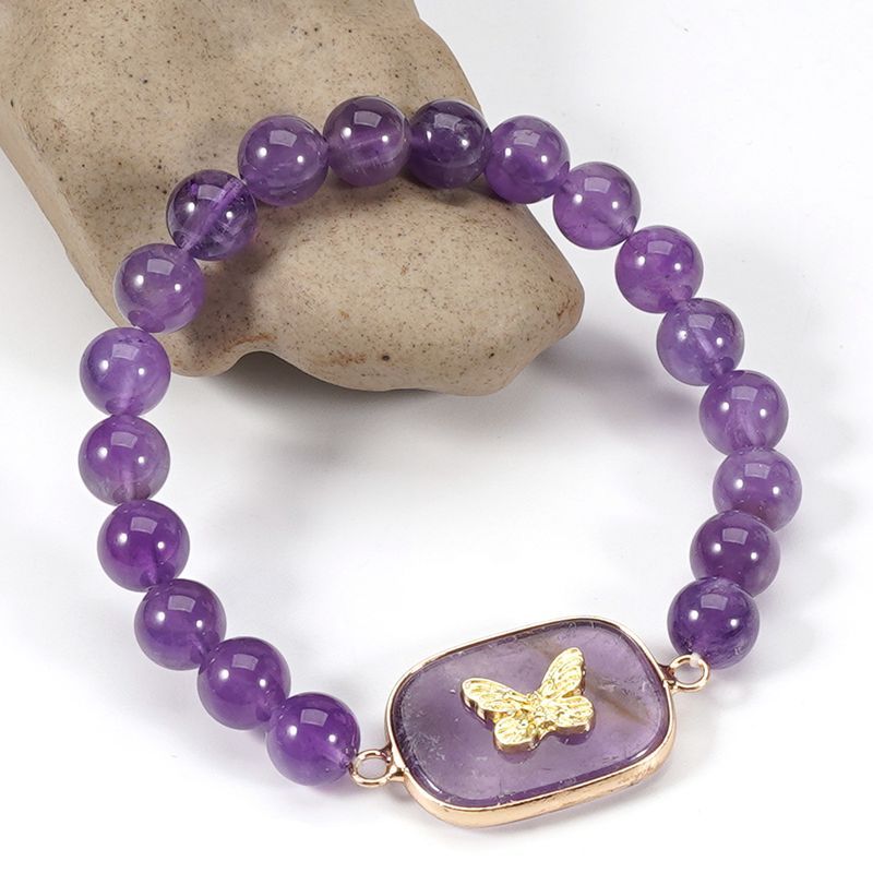 Braccialetto in pietra naturale con perline rotonde in cristallo viola da 8 cm, con etichetta a farfalla, set di personalità semplice_voghion.com
