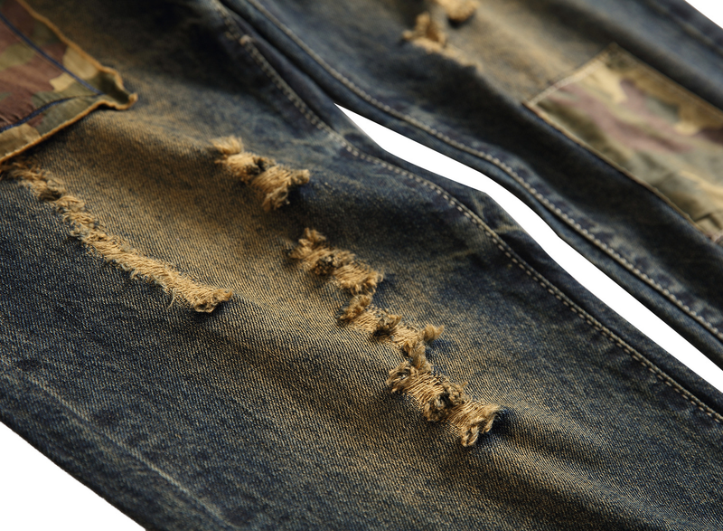Straight Cut Hole Jeans With Floral Patches Men's Long Pants_voghion.com
