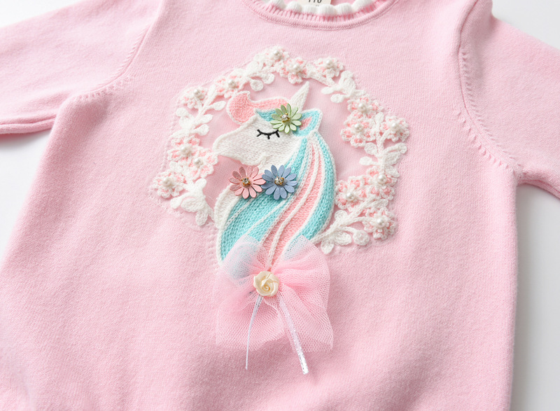 Vêtements pour enfants filles poney Applique brodé simple fil de coton Base pull automne filles dentelle pull tendance_voghion.com