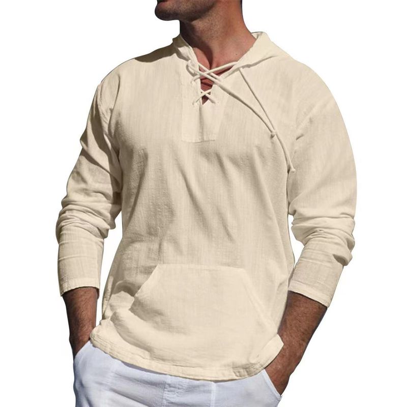 Maglietta da spiaggia versatile alla moda, sportiva e per il tempo libero, a maniche lunghe, con cappuccio, in lino e cotone, alla moda_voghion.com