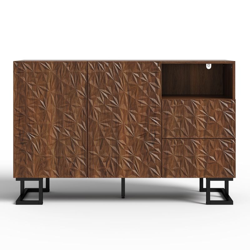 Beistellschrank 120x78,5cm Walnussoptik Mit Blattrelief, 2 Türen & 2 Schubladen_voghion.com
