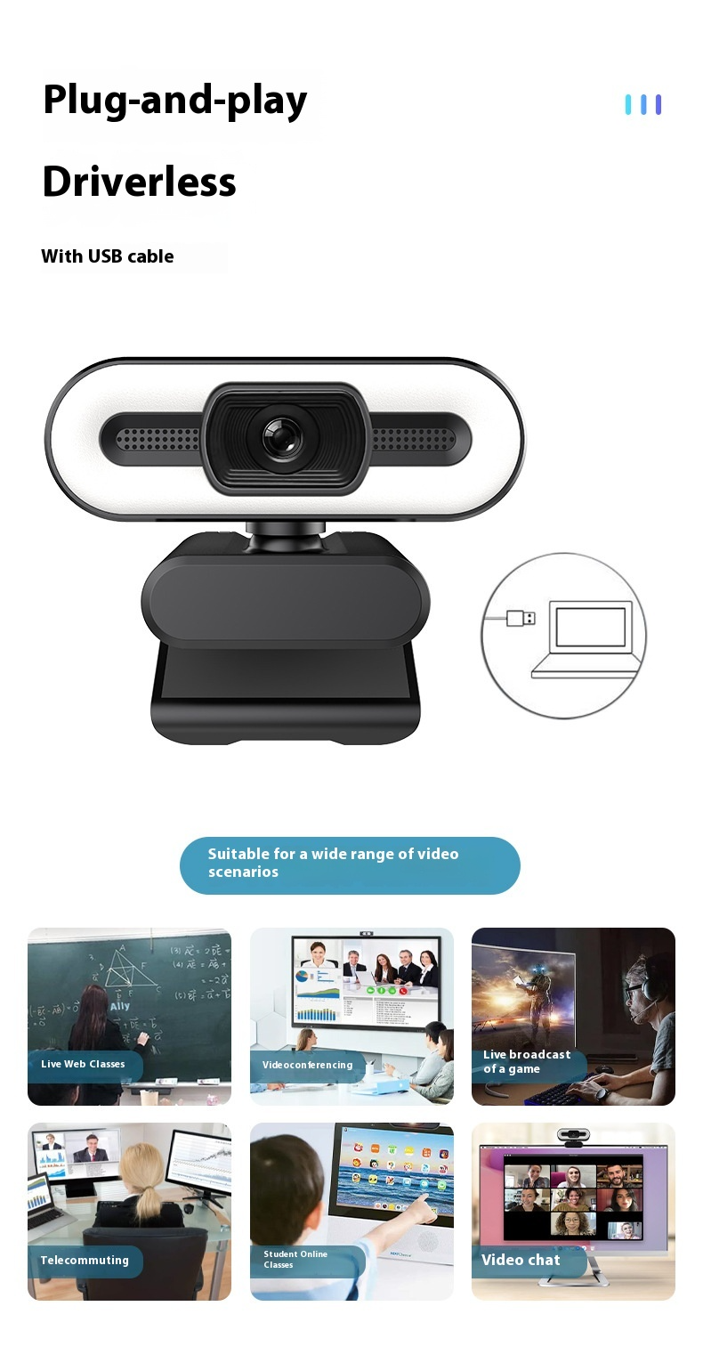 Telecamera ad alta definizione con luce di riempimento ad anello, telecamera 4K, tre luci soffuse, plug and play, adatta per lezioni Zoom/live/online_voghion.com