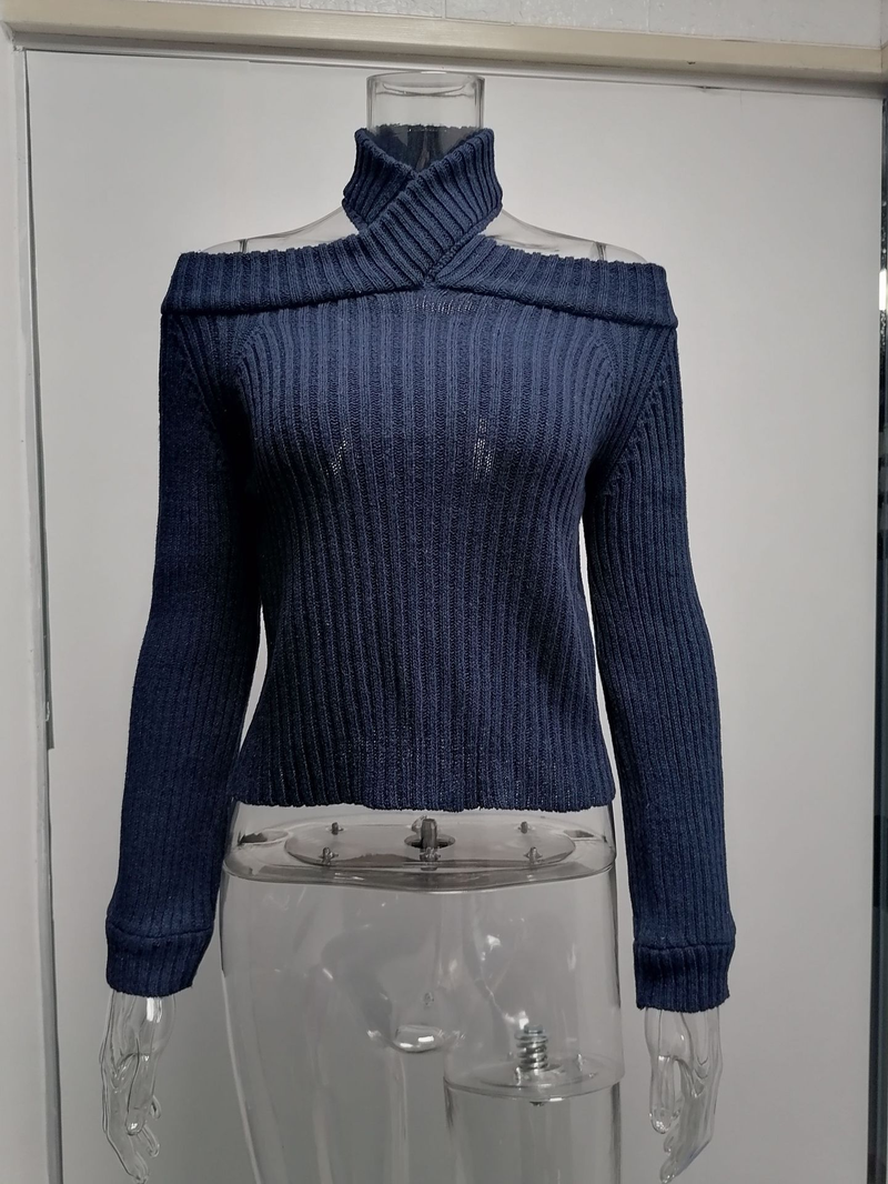 Vrouwen forens OL grote maat sexy off-the-shoulder effen kleur slim-fit gebreide trui vrouwelijk_voghion.com