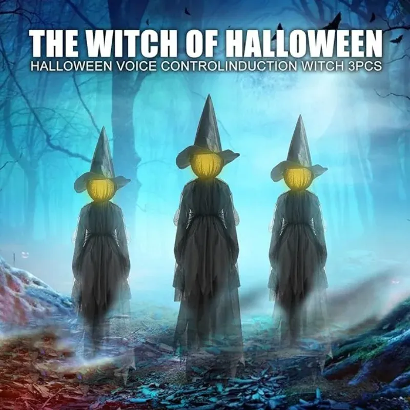 3PCS Halloween Colourful Glow Three Hand-Holding Witches Sound-activated Hand-holding Witch Halloween Light Up Decoration Props_voghion.com