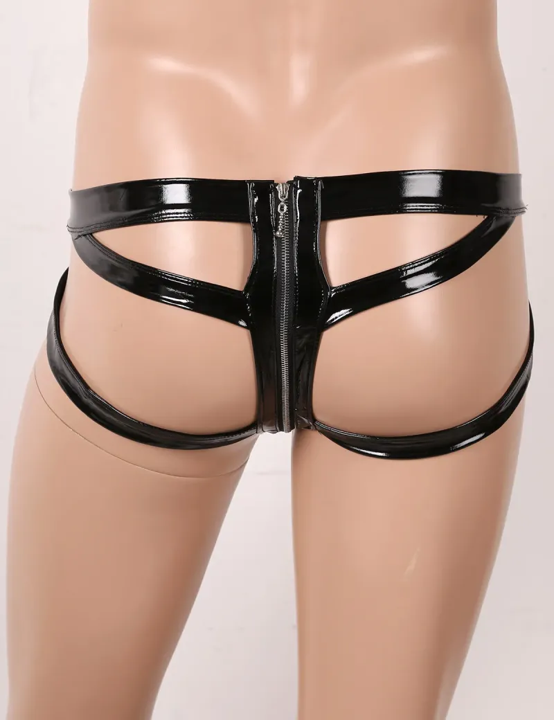 Sexy Mens Underwear WetLook Patent Leather Bfs Panties Butt Hollow Out Gay Jockstrap Zipper Open Crotch Bondage_voghion.com