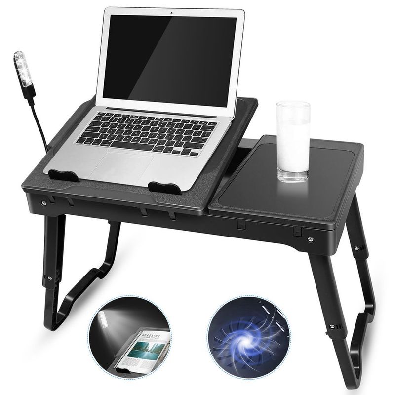 Foldable Laptop Table Bed Notebook Desk With Cooling Fan Mouse Board LED Light 4 XUSB Ports Breakfast Snacking Tray_voghion.com