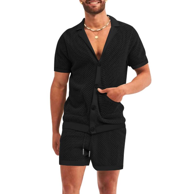 Herrenbekleidung Herrenmode aushöhlen durchsichtig cool lässig dünne Oberbekleidung Herren Kurzarm Shorts Set_voghion.com