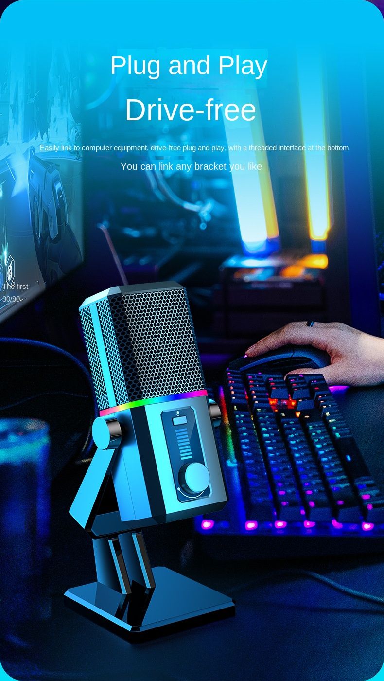 【Bistveno za prenos v živo】Profesionalni USB mikrofon z odpravljanjem šumov, izklop zvoka z enim klikom, kardioidni vzorec zajemanja, RGB barvna lučka | Priklopi in igraj_voghion.com
