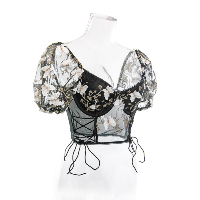 Women's Clothing Spring And Summer Puff Sleeve Hot Girl Steel Ring Lace Transparent Outer Wear High End Tube Top_voghion.com
