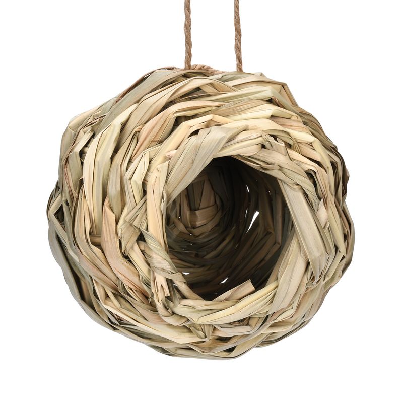 Jaula de pájaros de boca redonda con forma de bola tejida de paja, nido de pájaro, decoración de simulación para jardín al aire libre_voghion.com