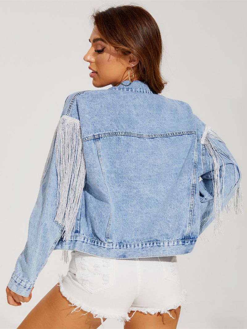Denim Jacket Women Fashion Tassel Lapel Fried Flower Denim Jacket Women_voghion.com