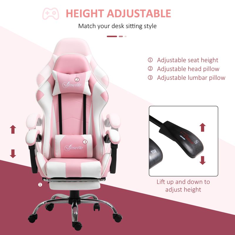 Chaise de jeu ergonomique Vinsetto avec appui-tête et support lombaire, hauteur réglable, pivotante à 360°, rose et blanc_voghion.com